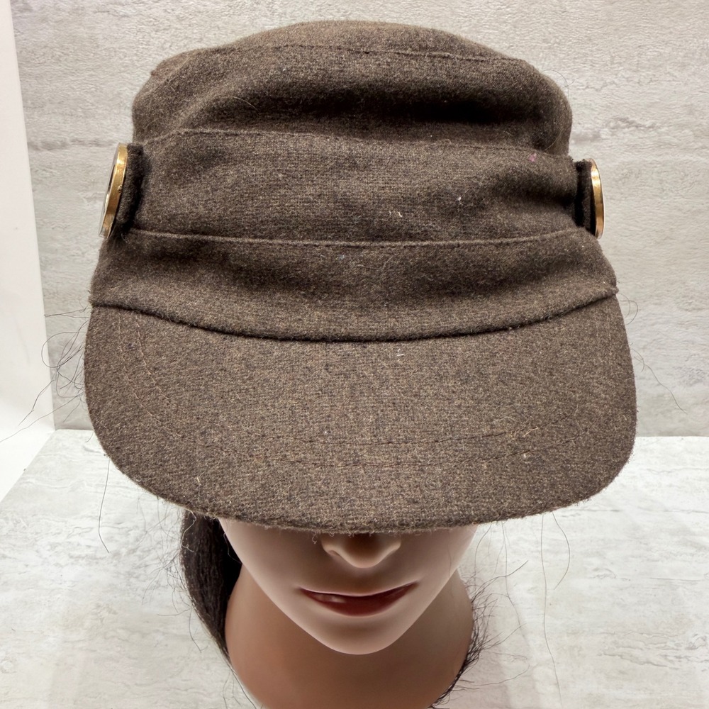 Military Cadet Hat Polyester Blend One Size Brown Button Detail Newsboy